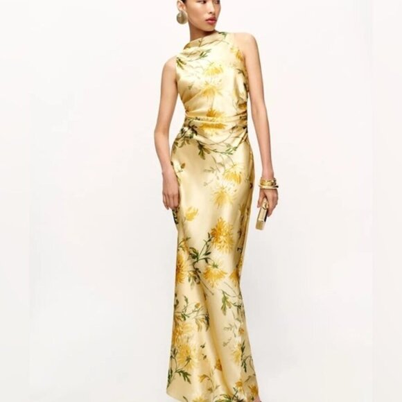 NEW Reformation Anaiis Long Backless Silk Dress Honeyglow Yellow Floral | US 0 - Picture 2 of 13